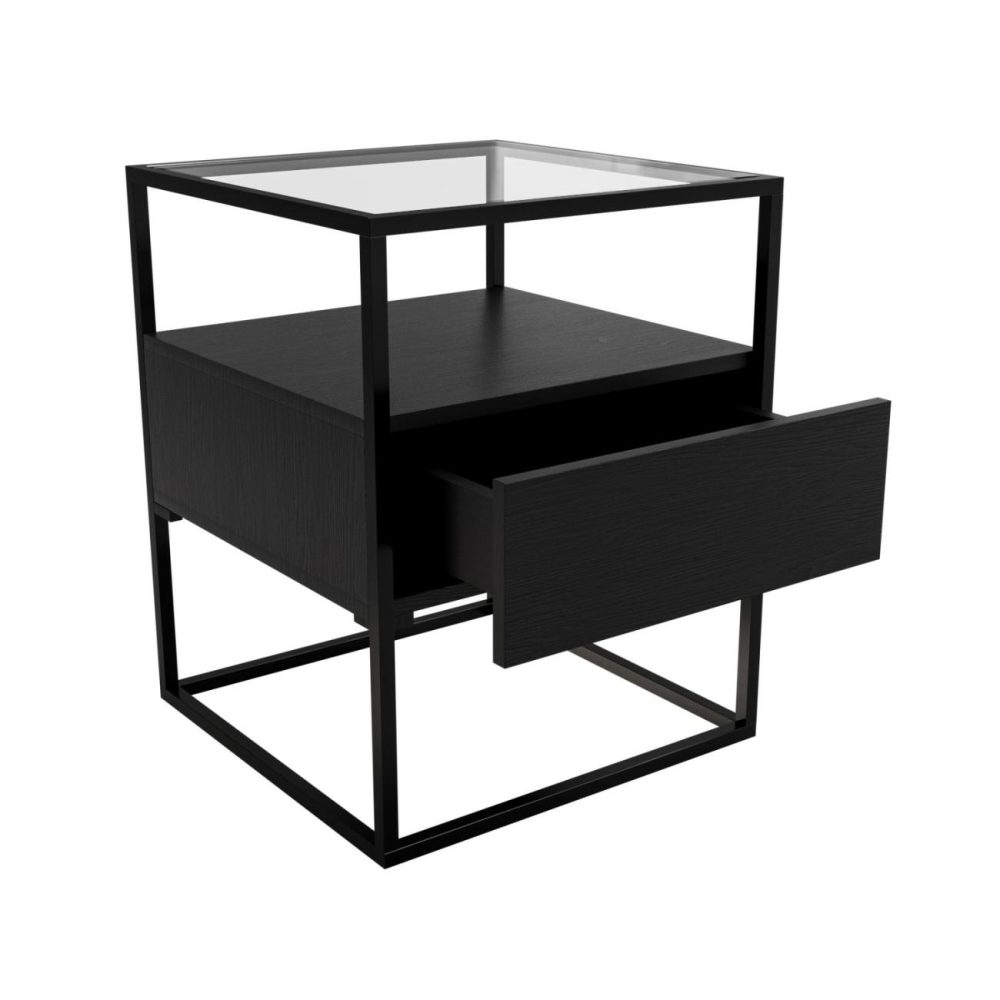 Square Black Glass Top Side Table With Storage – Akila Living Room