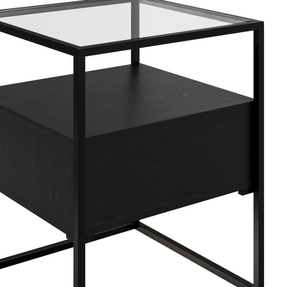 Square Black Glass Top Side Table With Storage – Akila Living Room