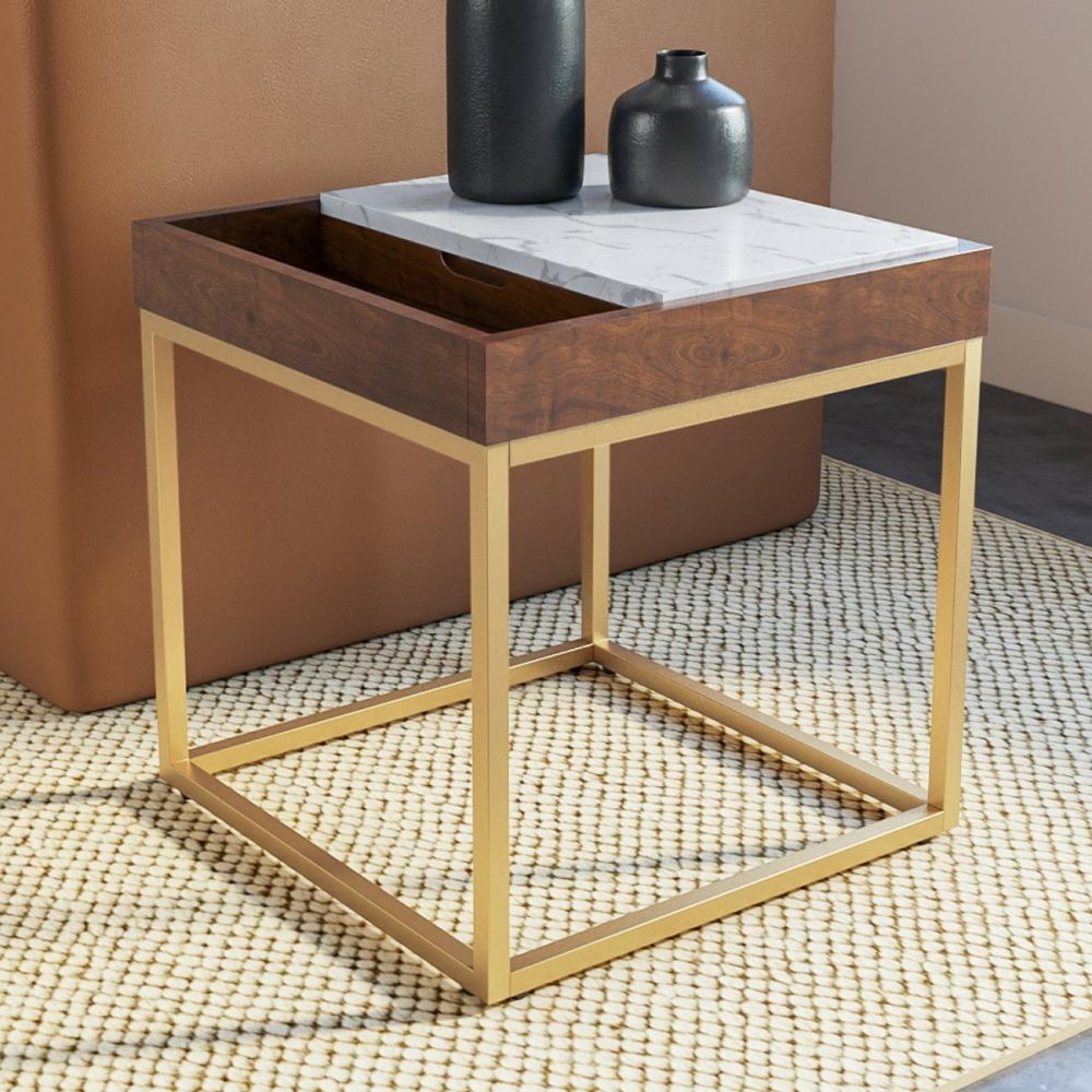 Square Gold And Marble Side Table With Storage – Zola Living Room