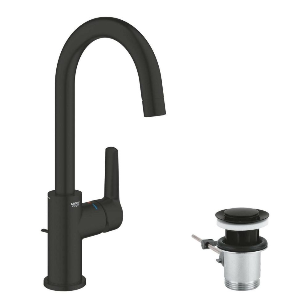 Start Swan Neck Lever Basin Mixer Tap With Waste – Matt Black Basin Taps