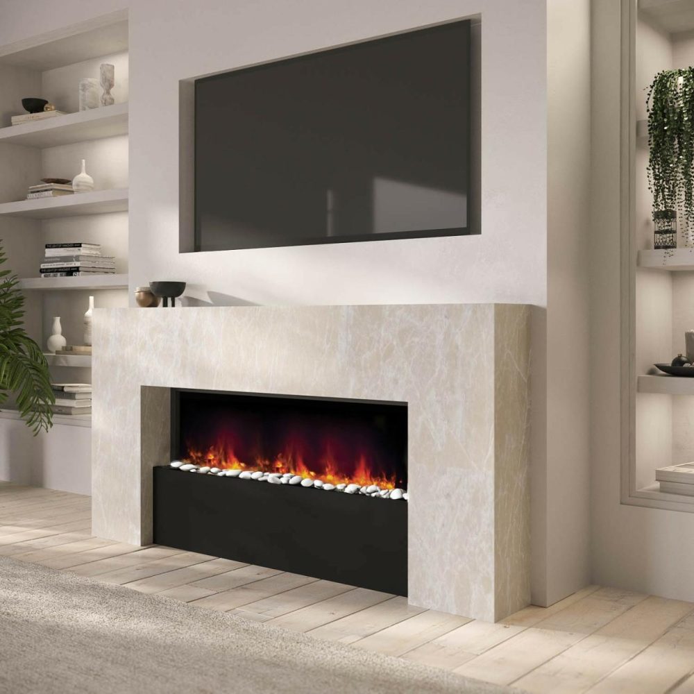 Stone Effect Freestanding Electric Fireplace With Pebbles And Raised Fuel Bed 62 Inch – Amberglo Fireplace Suites