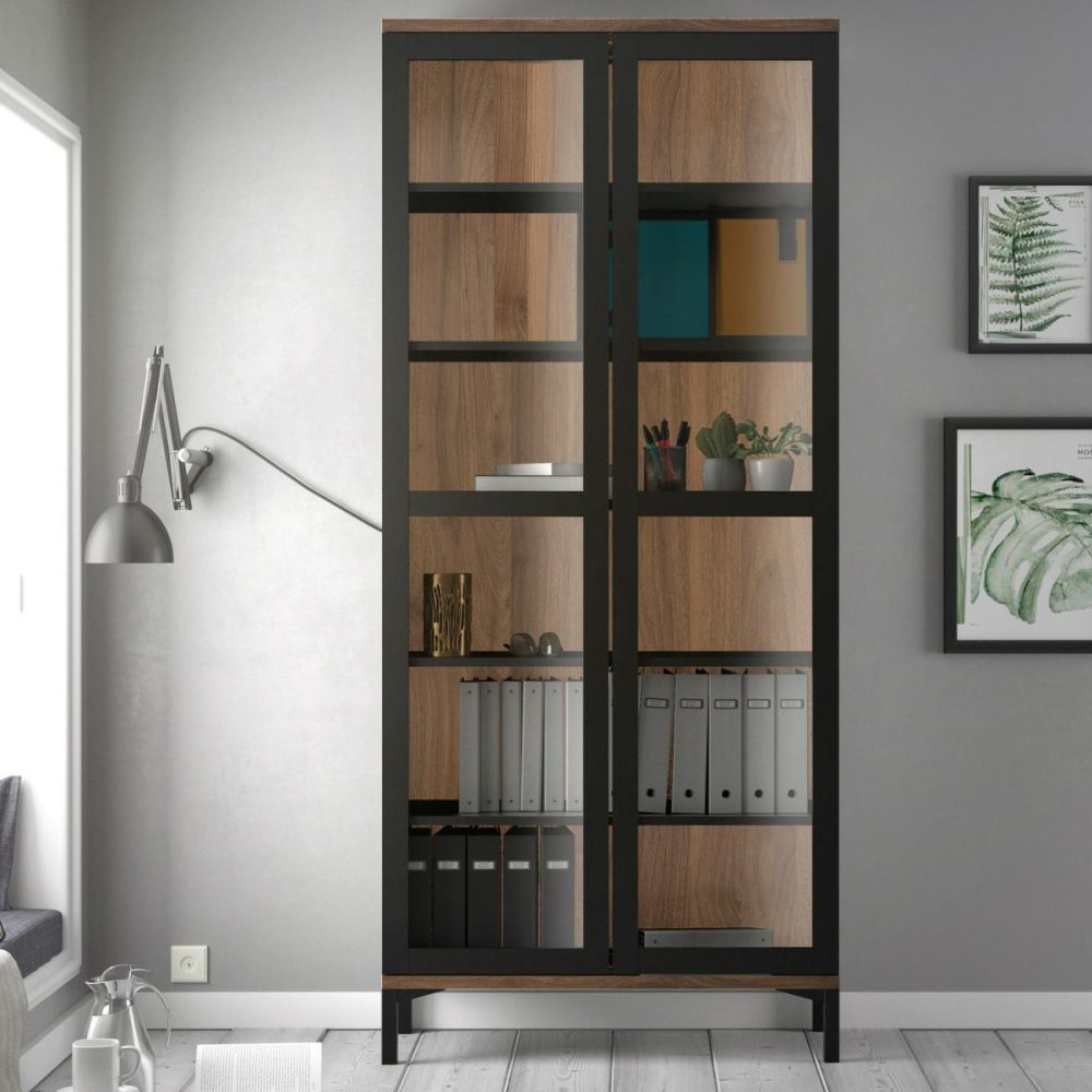 Tall Black And Walnut Display Cabinet With Glass Doors – Roomers Furniture