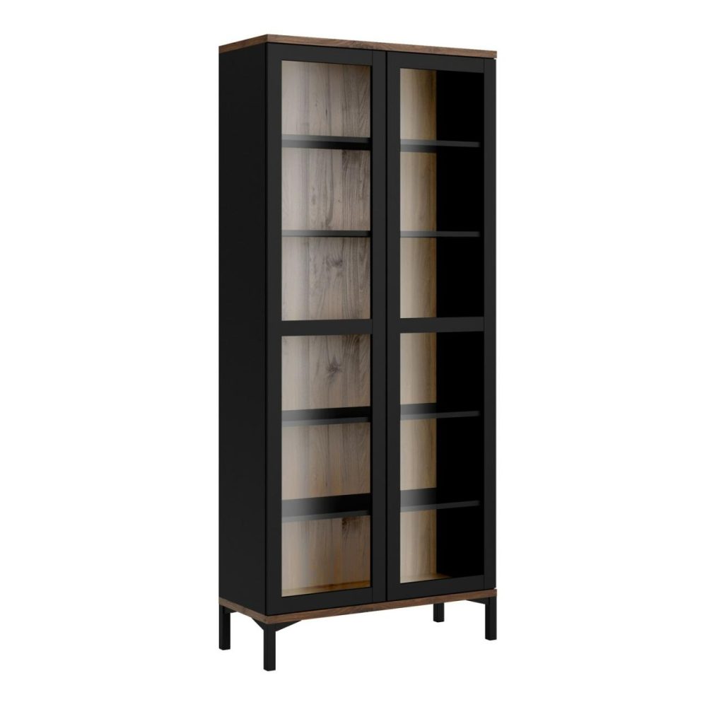 Tall Black And Walnut Display Cabinet With Glass Doors – Roomers Furniture