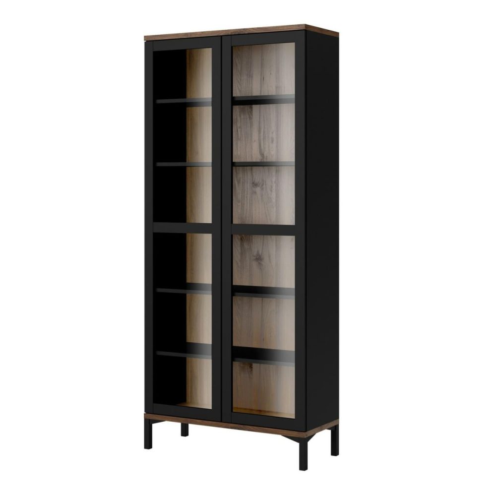 Tall Black And Walnut Display Cabinet With Glass Doors – Roomers Furniture