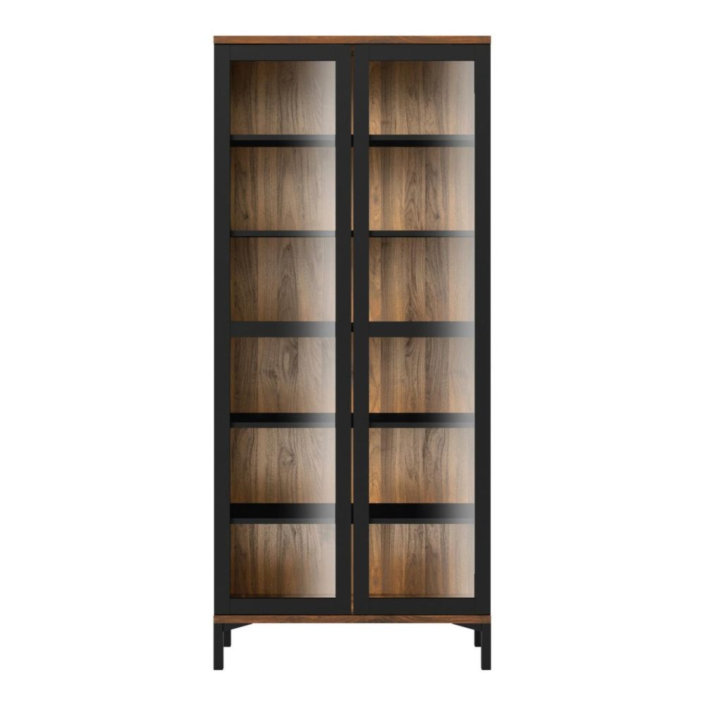 Tall Black And Walnut Display Cabinet With Glass Doors – Roomers Furniture