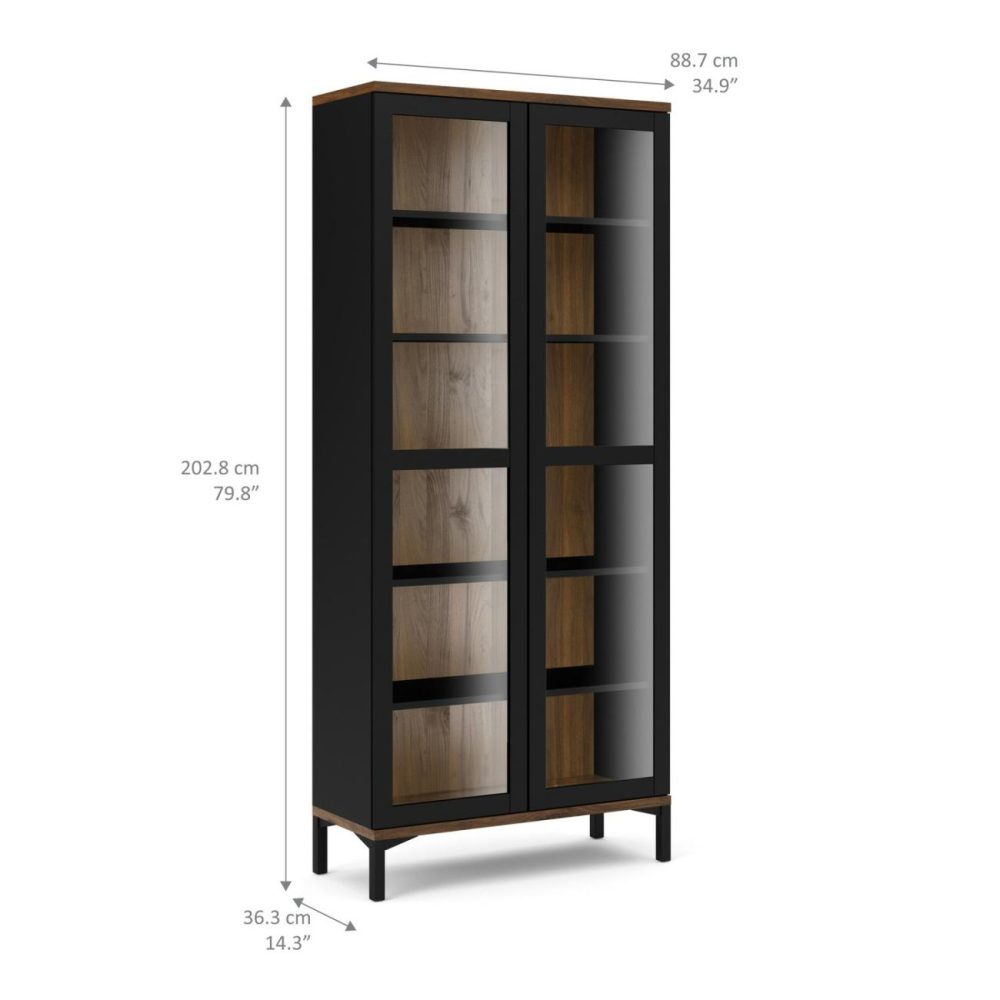 Tall Black And Walnut Display Cabinet With Glass Doors – Roomers Furniture