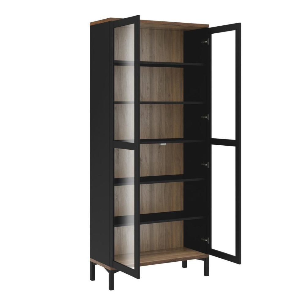 Tall Black And Walnut Display Cabinet With Glass Doors – Roomers Furniture