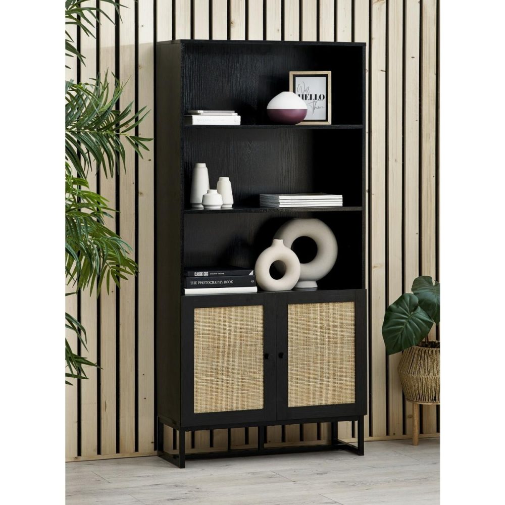 Tall Black Bookcase With Rattan Drawers – 3 Shelves – Padstow Bookcases