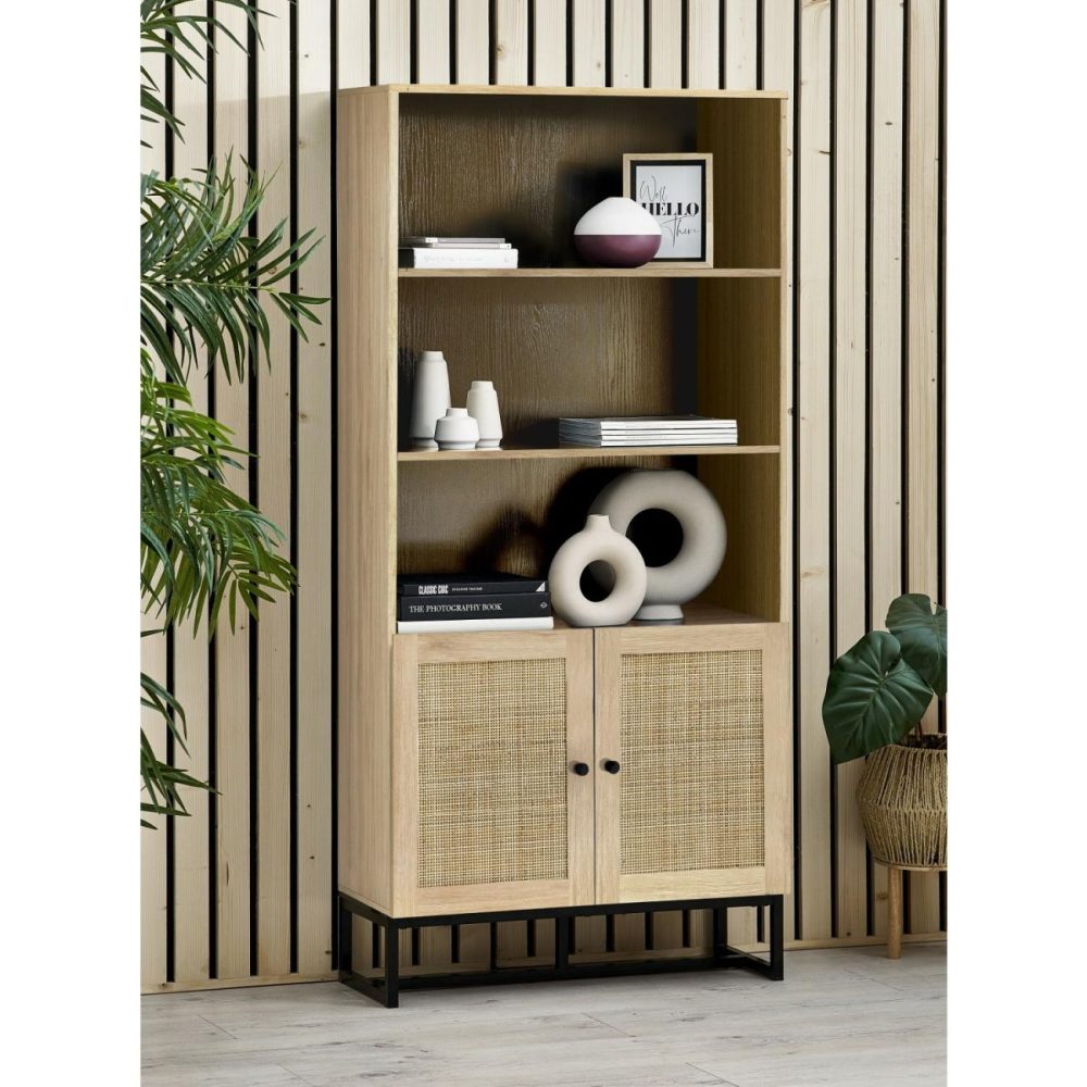 Tall Oak Bookcase With Rattan Doors – 3 Shelves – Padstow Bookcases