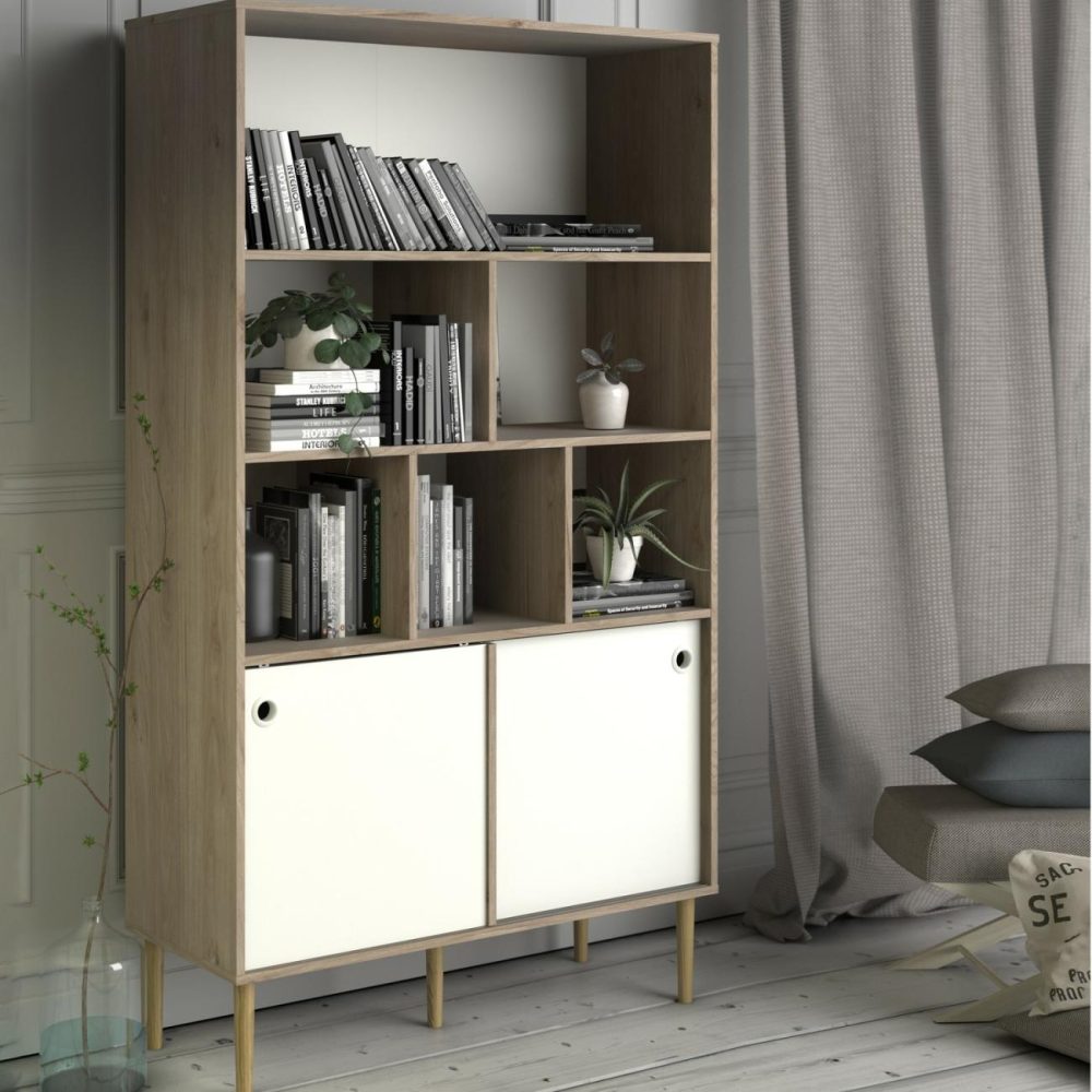 Tall White And Oak Bookcase With Sliding Doors – Rome Bookcases