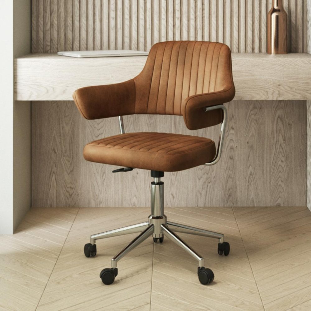 Tan Faux Leather Swivel Office Chair With Arms – Fenix Leather Chairs