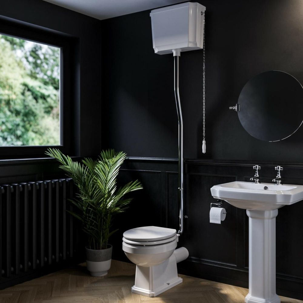 Traditional High Level Toilet With Wooden Soft Close Seat Bathroom