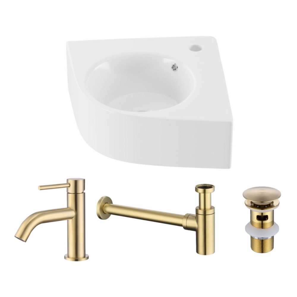 Wall Hung Corner Basin 440Mm With Brass Tap Bottle Trap And Waste – Theo Basins