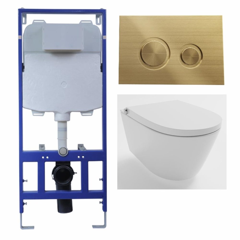 Wall Hung Smart Bidet Japanese Toilet & 1160Mm Frame Cistern And Brass Flush Plate – Purificare Bathroom