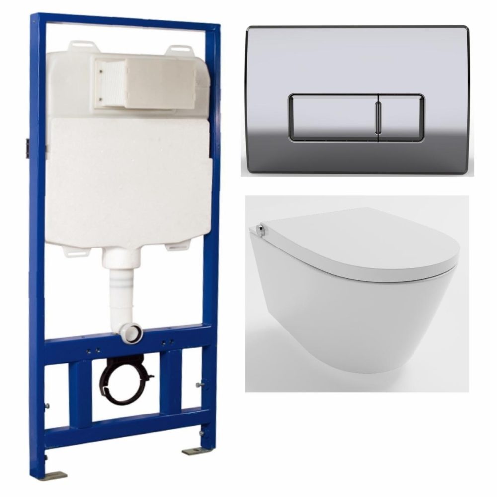 Wall Hung Smart Bidet Japanese Toilet & 1160Mm Frame Cistern And Chrome Pneumatic Flush Plate – Purificare Bathroom