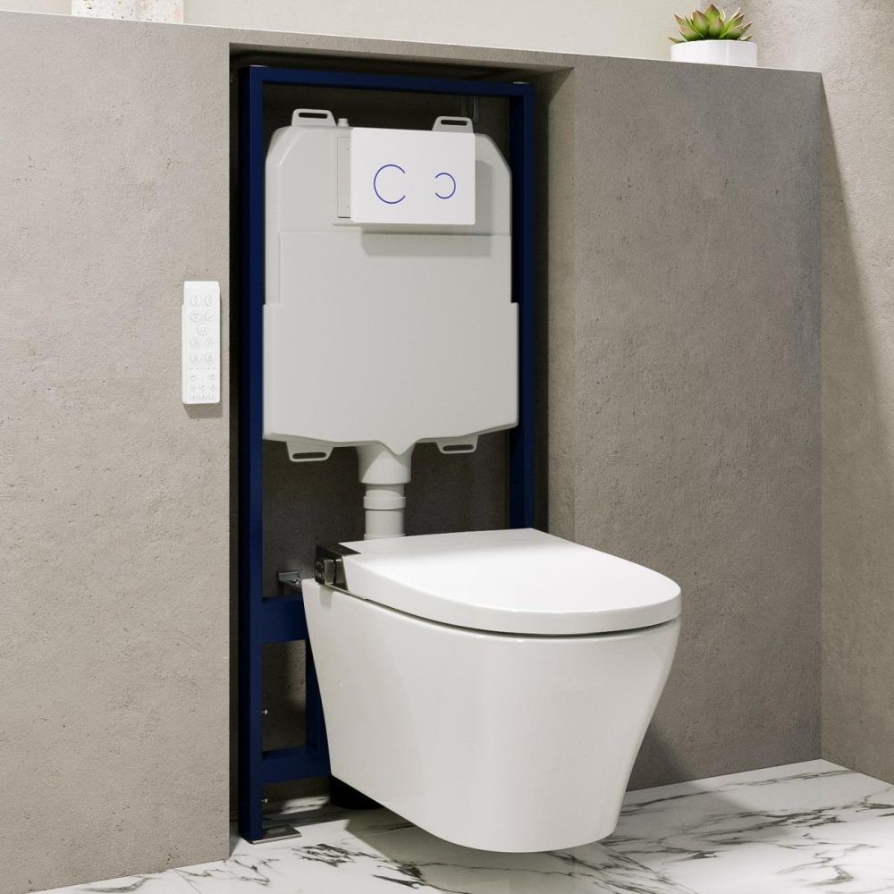 Wall Hung Smart Bidet Japanese Toilet With Heated Seat & 1160Mm Frame Cistern And White Sensor Flush Plate – Purificare Bathroom