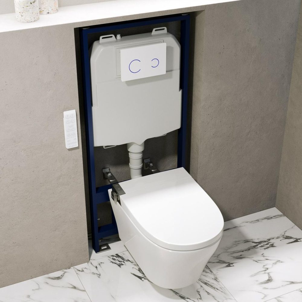 Wall Hung Smart Bidet Japanese Toilet With Heated Seat & 1160Mm Frame Cistern And White Sensor Flush Plate – Purificare Bathroom