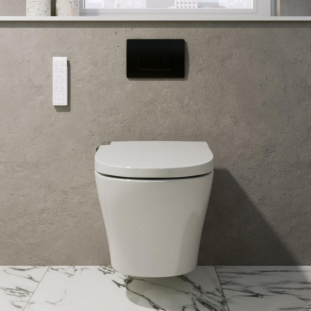 Wall Hung Smart Bidet Japanese Toilet With Heated Seat & 820Mm Frame Cistern And Black Pneumatic Flush Plate – Purificare Bathroom