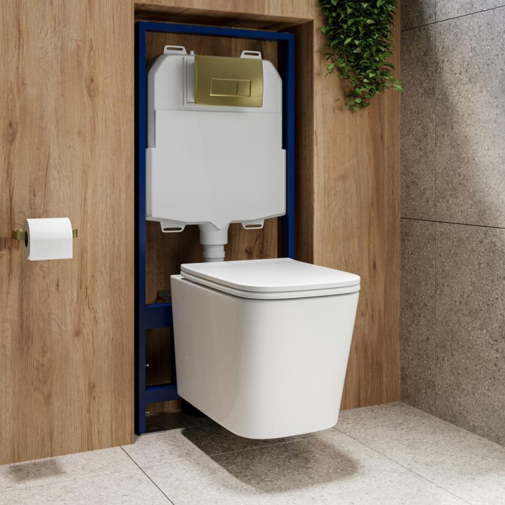 Wall Hung Toilet 1160Mm Pneumatic Frame & Cistern & Brushed Brass Flush Plate Bathroom