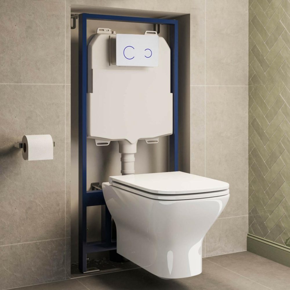 Wall Hung Toilet 1160Mm Pneumatic Frame & Cistern & White Glass Flush Plate Bathroom