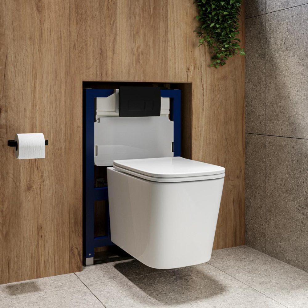 Wall Hung Toilet 820Mm Pneumatic Frame & Cistern & Black Flush Plate Bathroom