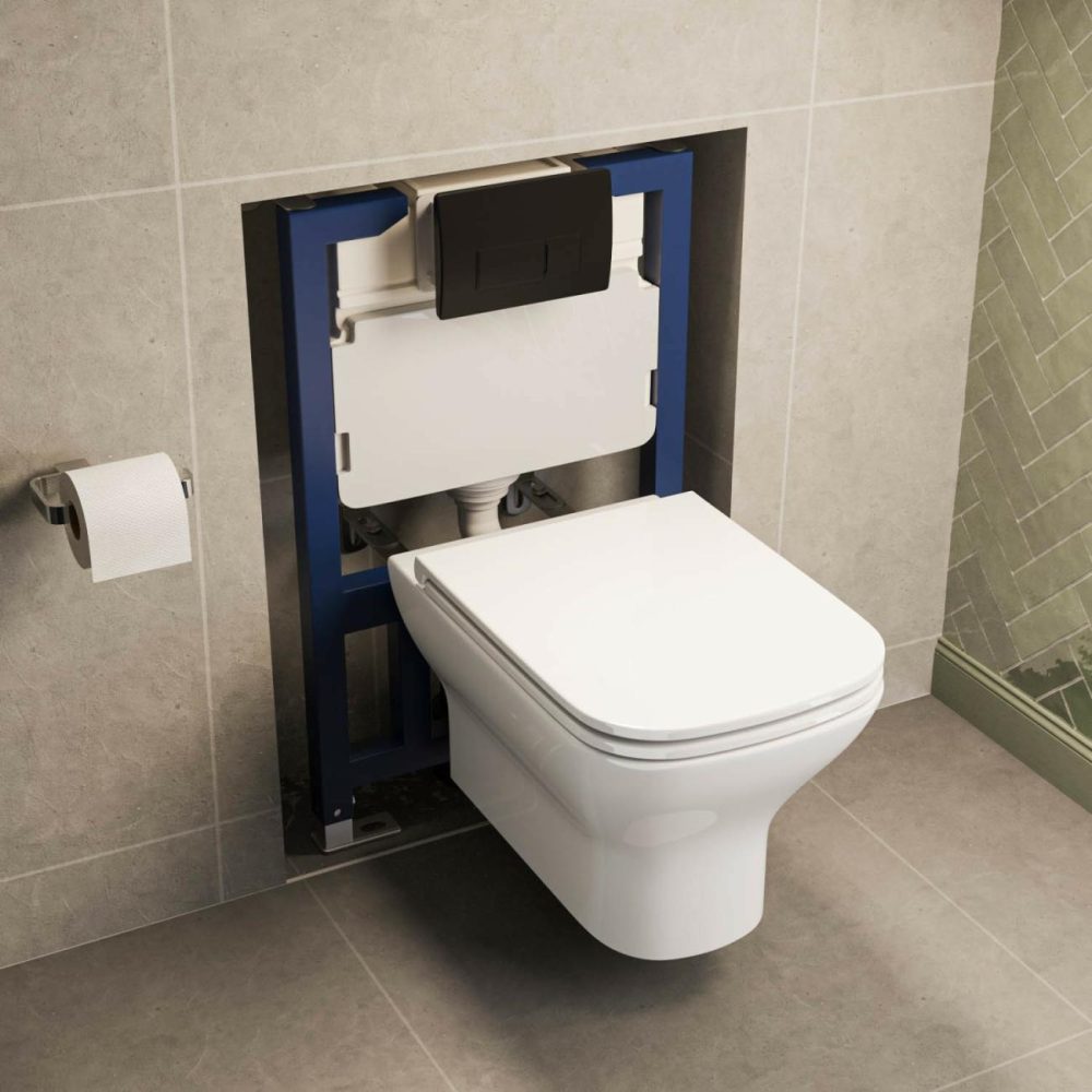 Wall Hung Toilet 820Mm Pneumatic Frame & Cistern & Black Glass Flush Plate Bathroom