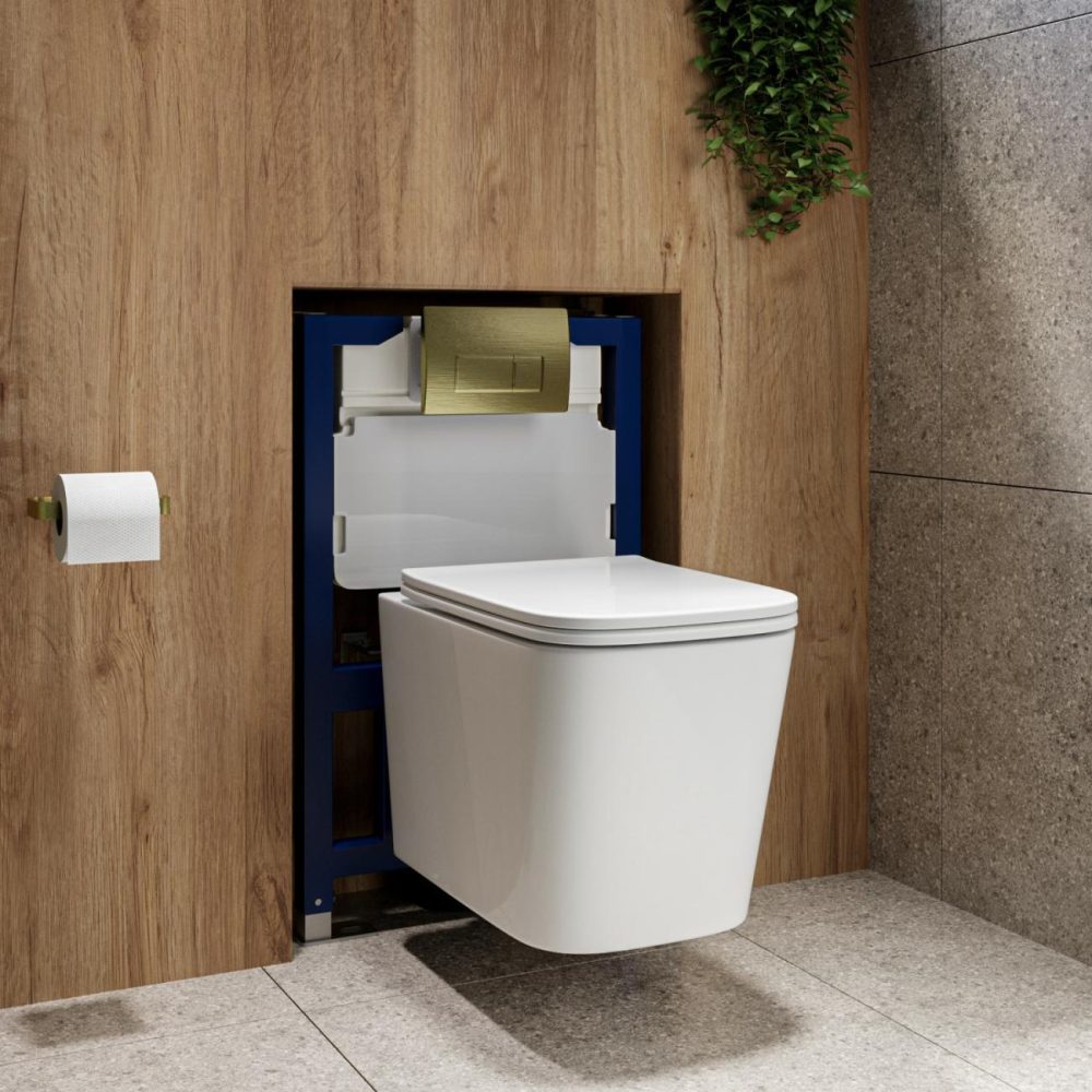 Wall Hung Toilet 820Mm Pneumatic Frame & Cistern & Brushed Brass Flush Plate Bathroom