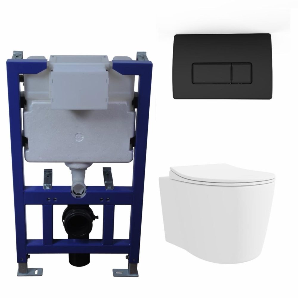 Wall Hung Toilet With Close Seat Matt Black Pneumatic Flush Plate 820Mm Frame & Cistern – Alcor Bathroom