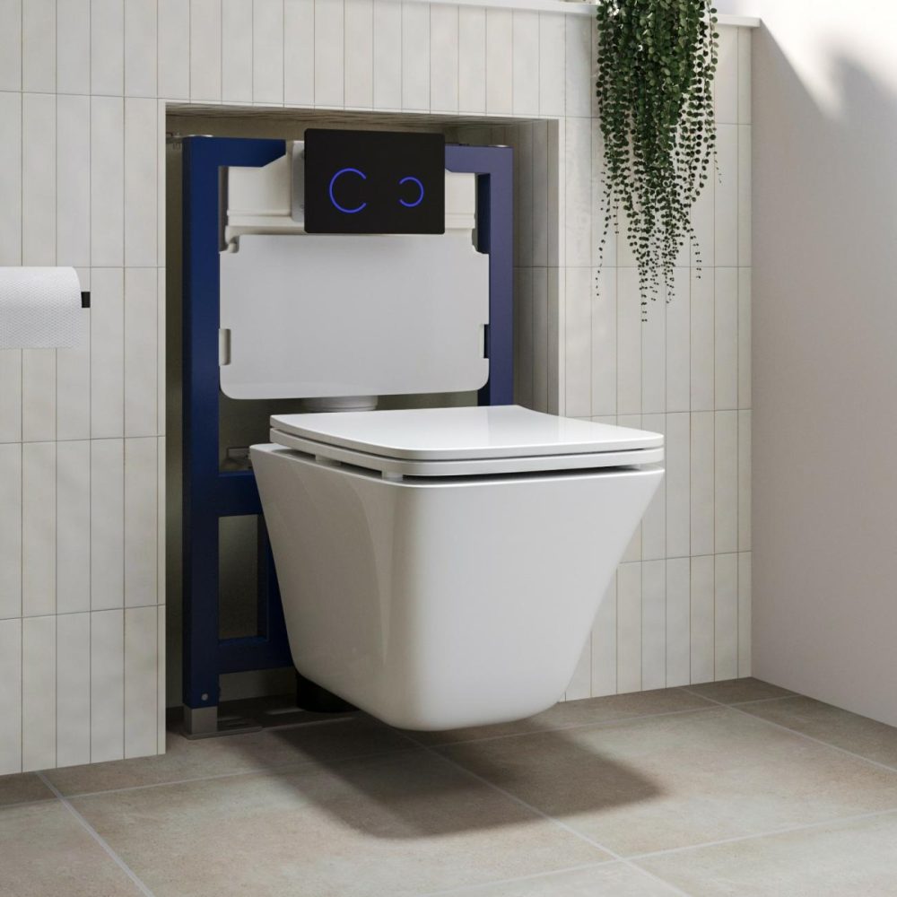 Wall Hung Toilet With Soft Close Seat Black Glass Sensor Pneumatic Flush Plate 820Mm Frame & Cistern – Boston Bathroom