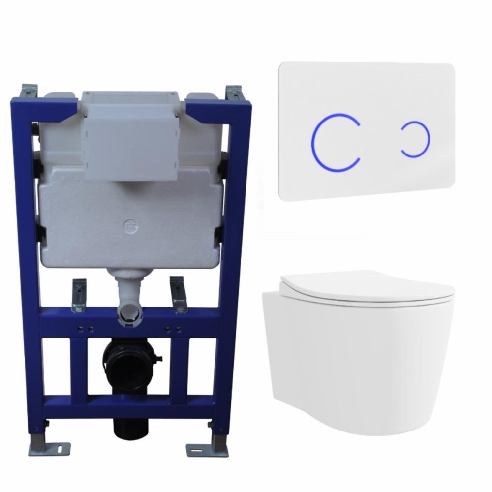 Wall Hung Toilet With Soft Close Seat White Glass Sensor Pneumatic Flush Plate 820Mm Frame & Cistern – Alcor Bathroom