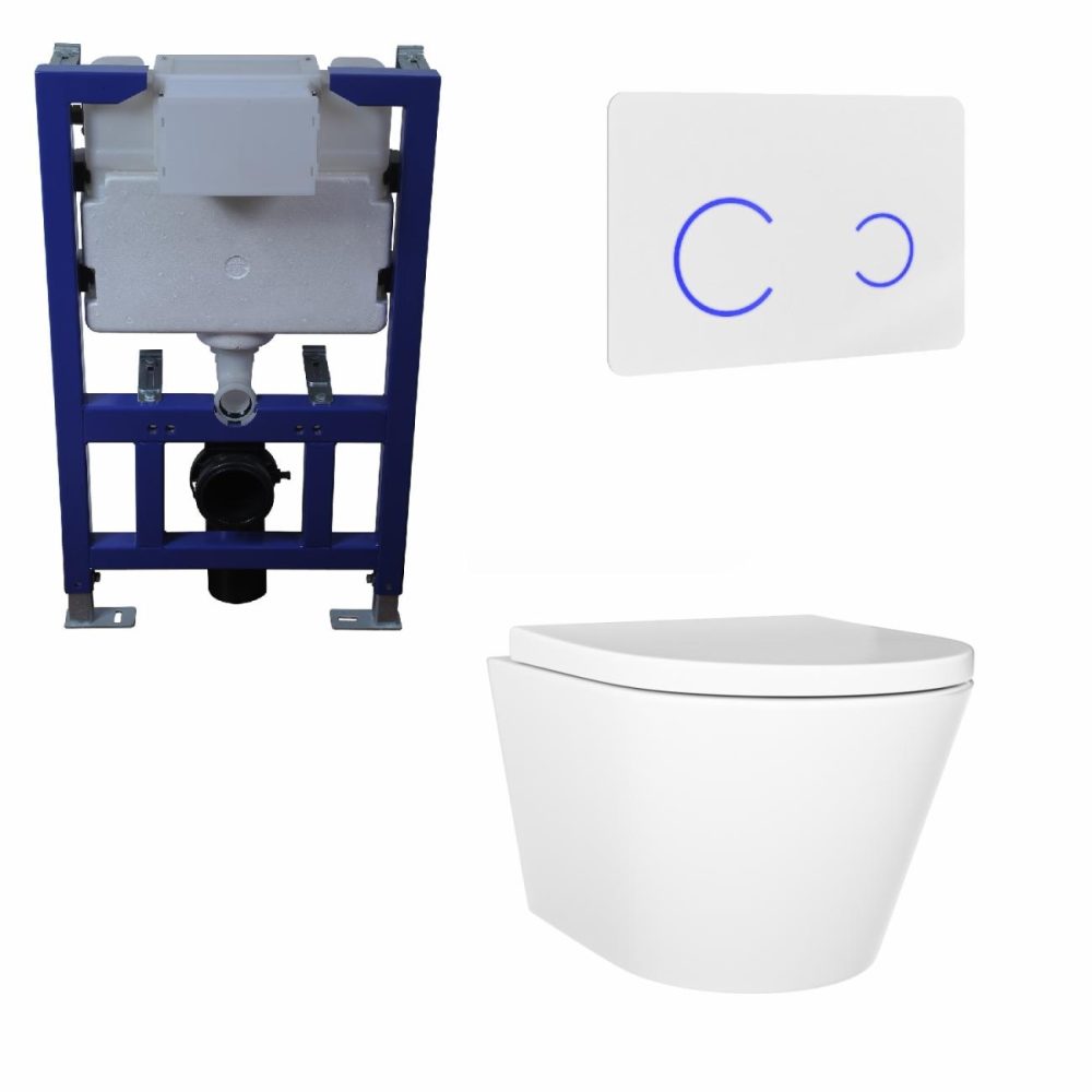 Wall Hung Toilet With Soft Close Seat White Glass Sensor Pneumatic Flush Plate 820Mm Frame & Cistern – Newport Bathroom