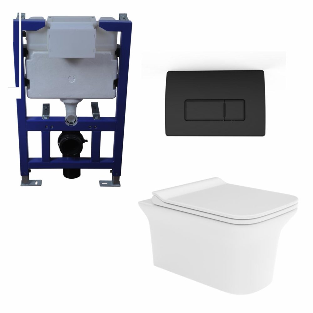 Wall Hung Wc, Soft Close Seat, 820 Frame And Matt Black Flush Plate Bathroom