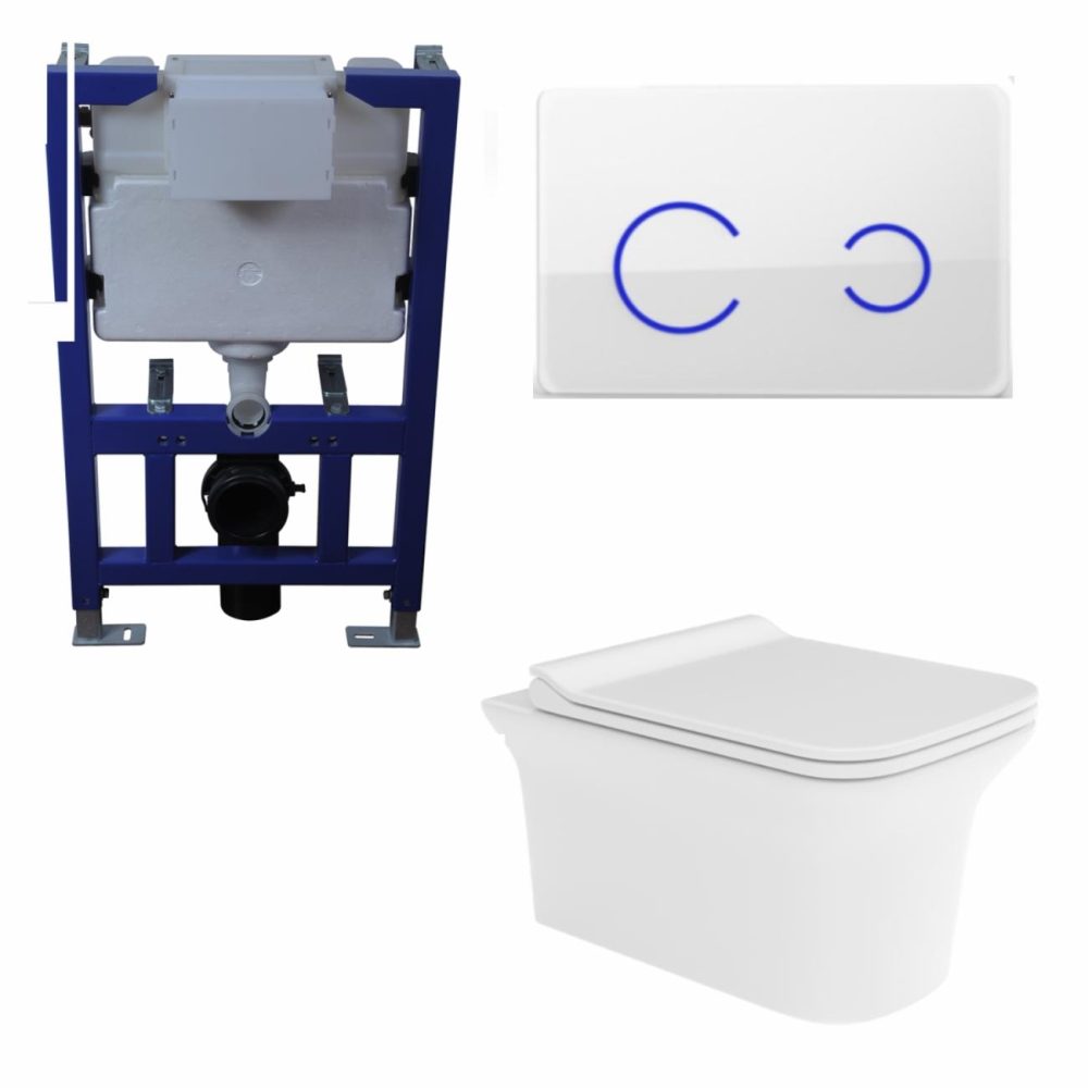 Wall Hung Wc, Soft Close Seat, 820 Frame And White Glass Sensor Flush Plate Bathroom