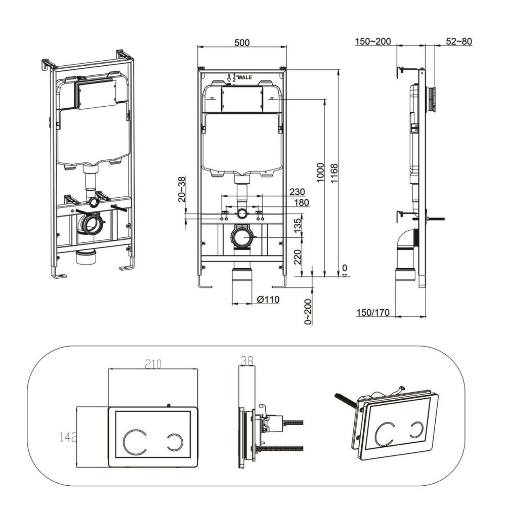 Wall Hung Wc, Soft Close Seat, 820 Frame And White Glass Sensor Flush Plate Bathroom