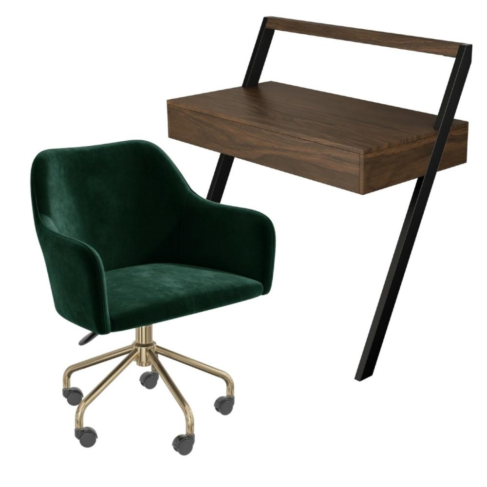 Walnut & Green Velvet Office Leaning Desk And Chair Set – Nico Furniture Sets