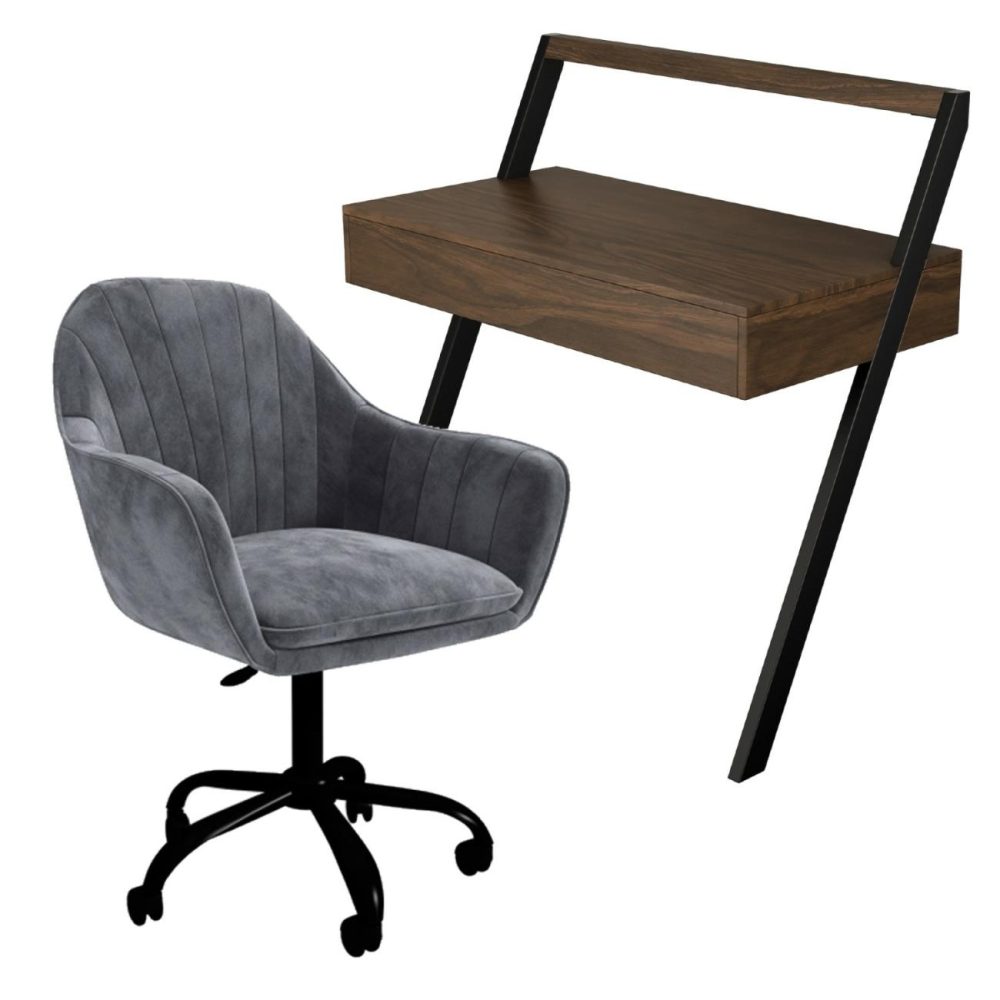 Walnut & Grey Velvet Office Leaning Desk And Chair Set – Nico Furniture Sets