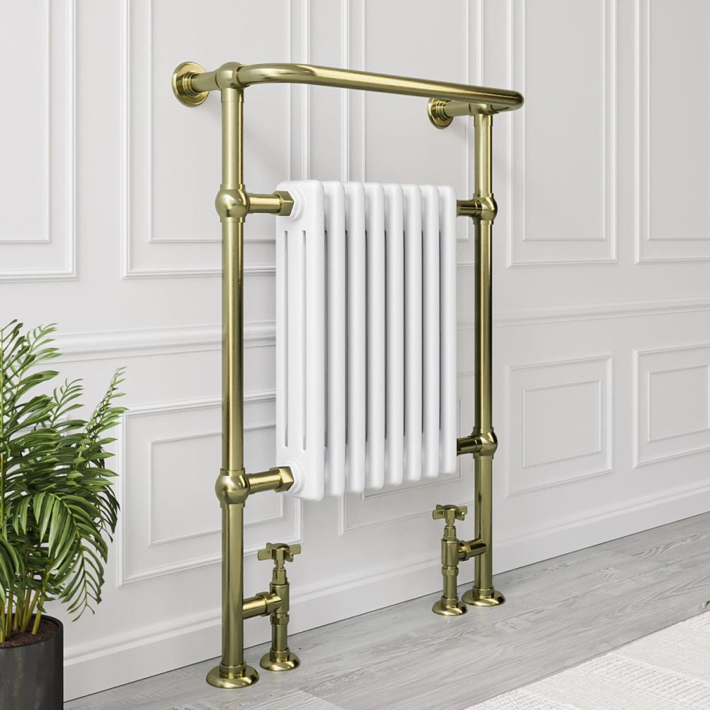 White And Brass Traditional Column Radiator With Towel Rail 952 X 659Mm – Regent Heating