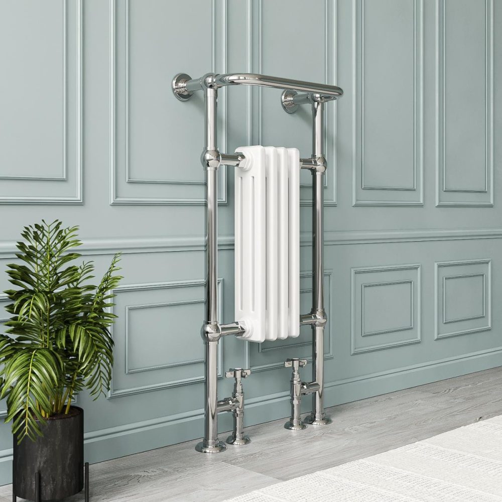 White And Chrome Traditional Column Radiator With Towel Rail 952 X 479Mm – Regent Heating