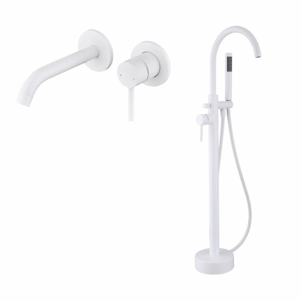 White Freestanding Bath Shower Mixer And Wall Mounted Basin Tap Set – Arissa Bathroom