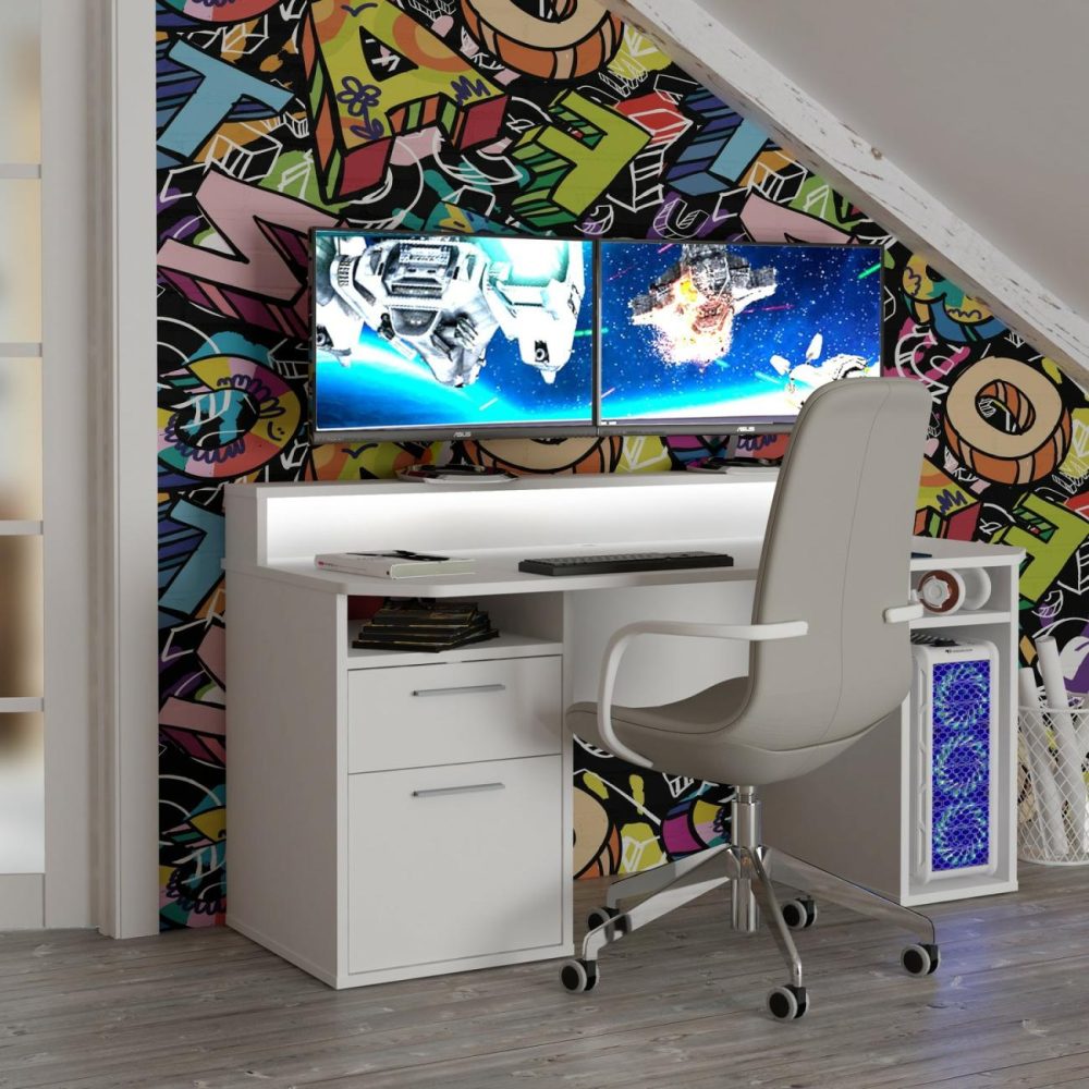 White Gaming Desk With Colour Changing Led – Tezaur Office