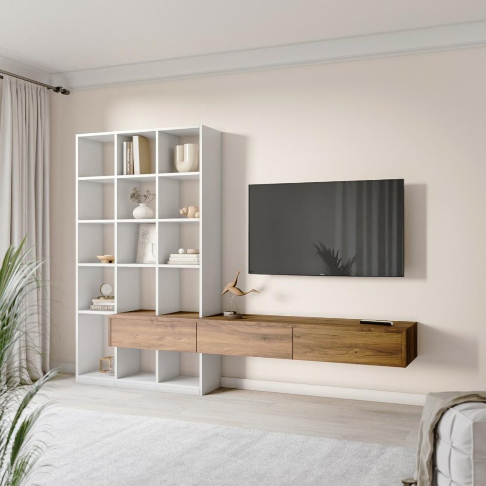 White Gloss And Oak Media Wall With Storage – Everett Furniture