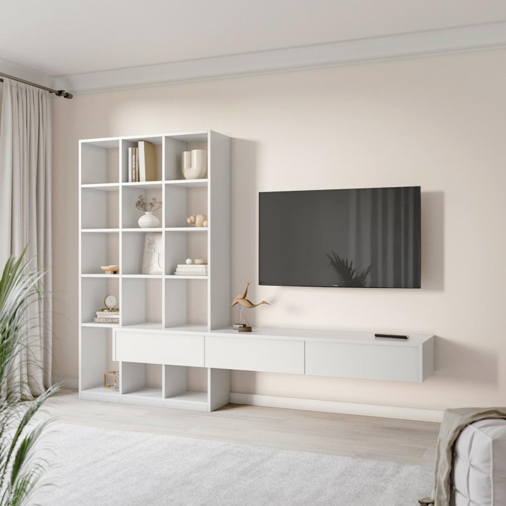 White Gloss Media Wall With Storage – Everett Furniture