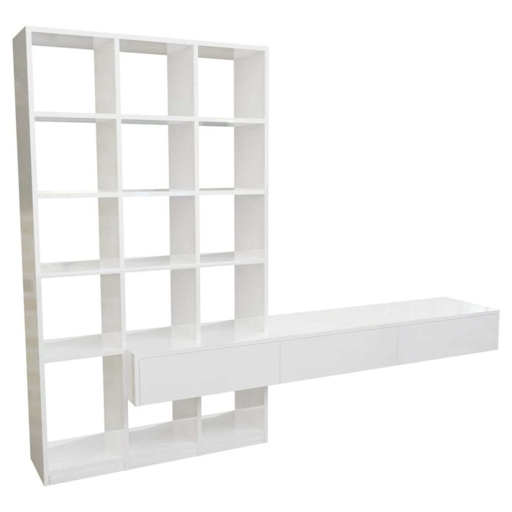 White Gloss Wall Hung Bookcase With Open Shelving And Drawers – Everett Bookcases