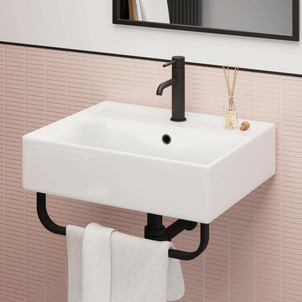 White Square Wall Hung Basin With Black Rack 497Mm – Bowen Basins