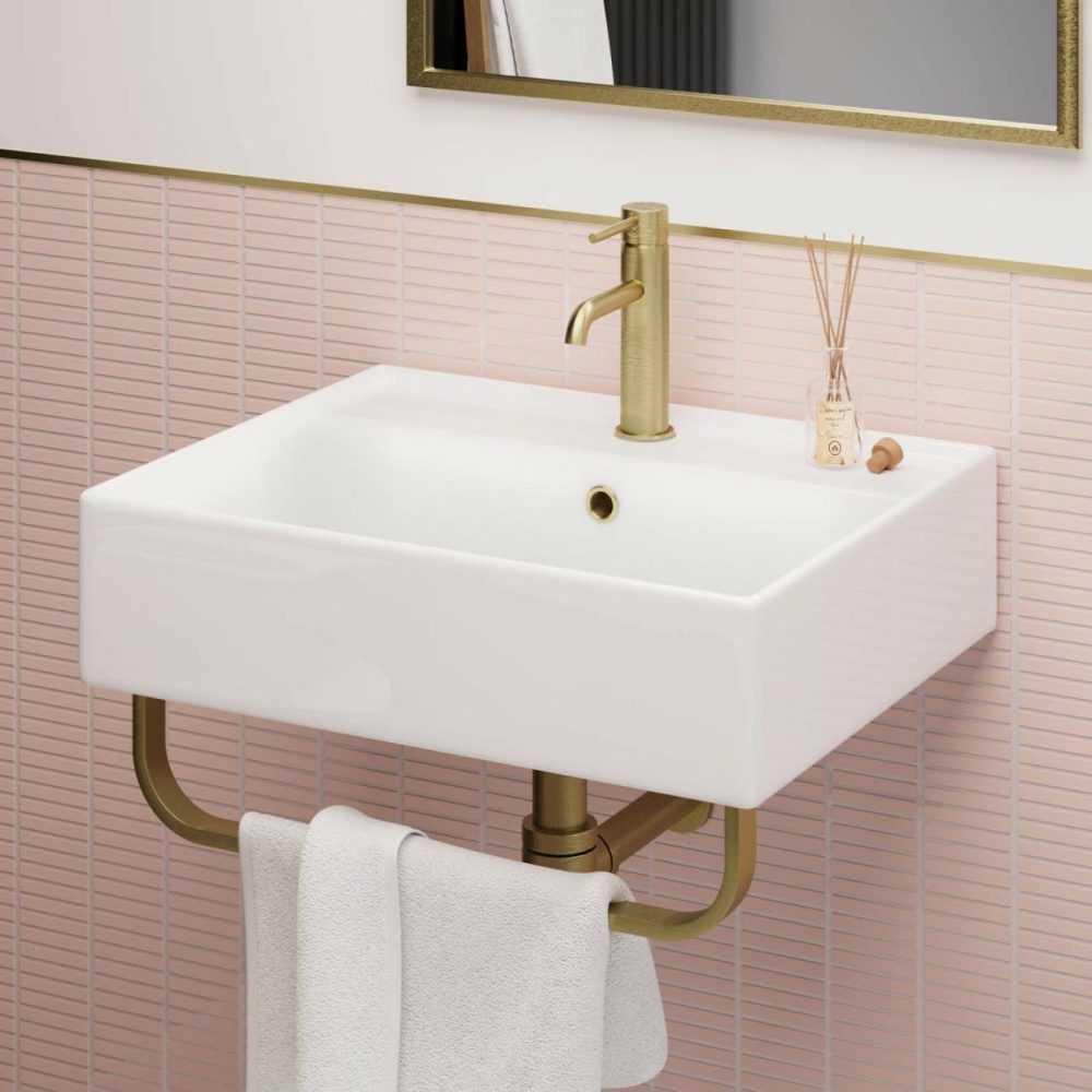 White Square Wall Hung Basin With Brass Rack 497Mm – Bowen Basins