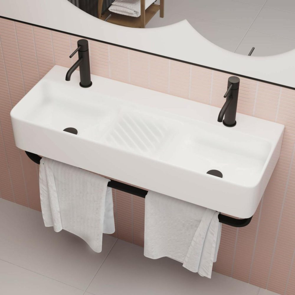 White Square Wall Hung Double Basin With Black Rack 800Mm – Bowen Basins