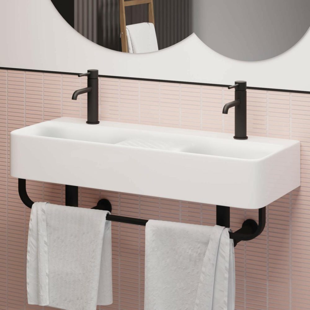 White Square Wall Hung Double Basin With Black Rack 800Mm – Bowen Basins