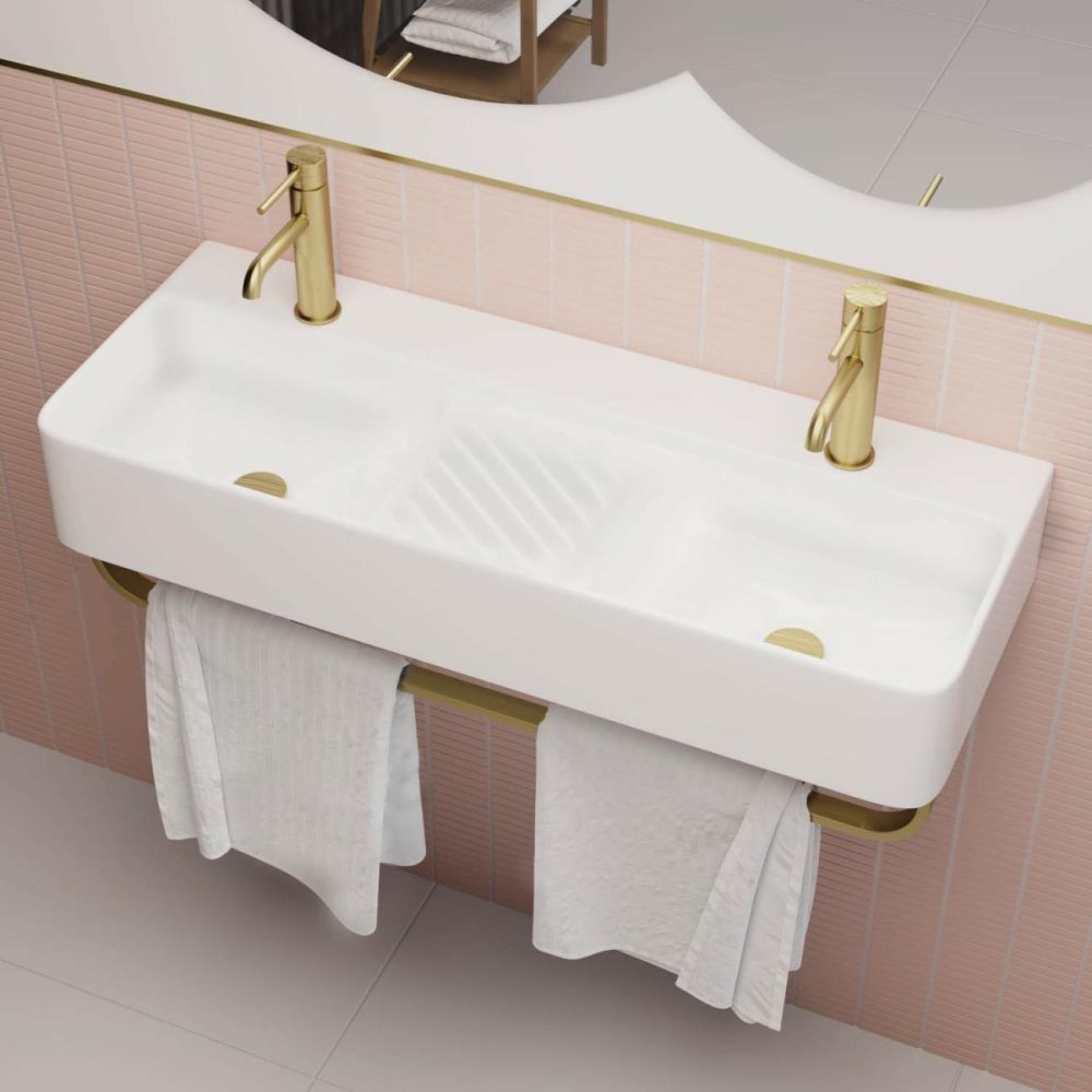 White Square Wall Hung Double Basin With Brass Rack 800Mm – Bowen Basins