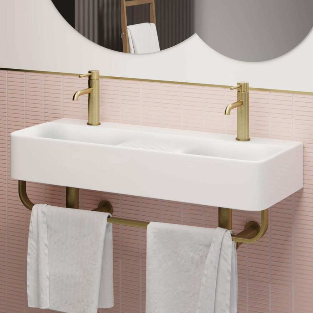 White Square Wall Hung Double Basin With Brass Rack 800Mm – Bowen Basins