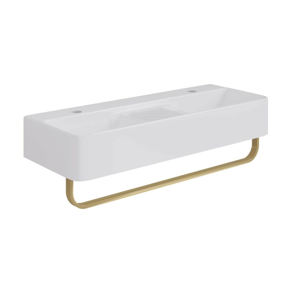 White Square Wall Hung Double Basin With Brass Rack 800Mm – Bowen Basins